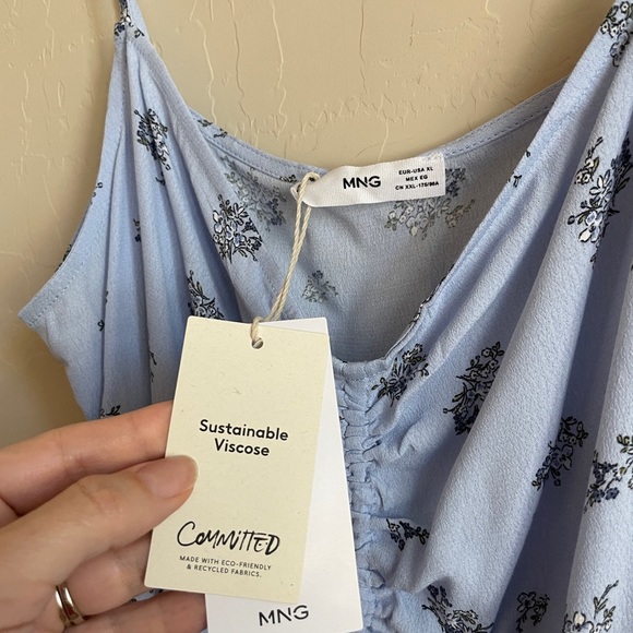 Mango Floral Print Top Cinched Ruched Powder Baby Blue Spaghetti Strap L XL - Picture 7 of 8